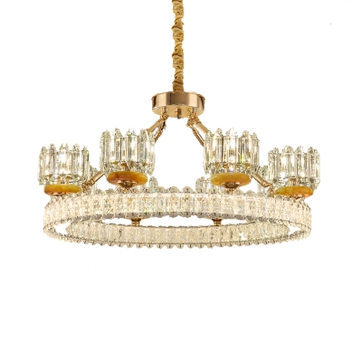 6/8-Head Pendant Chandelier Contemporary Cylinder Crystal Block Ceiling Hang Fixture in Gold with Ring Design
