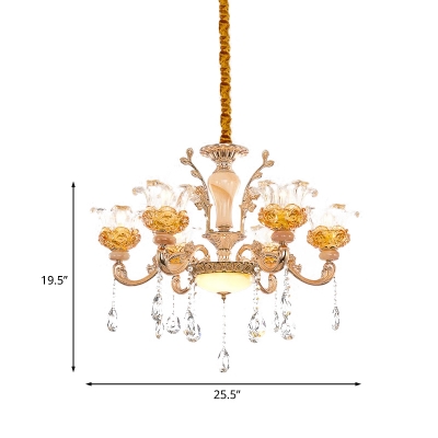 6-Head Chandelier Pendant Light Traditional Living Room Hanging Lamp with Floral Clear Glass Crystal Shade in Rose Gold