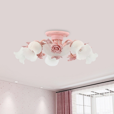 7/11-Head Flush Mount Light Romantic Style Bedroom Flush Ceiling Lamp with Flower Opal Glass Shade in Pink