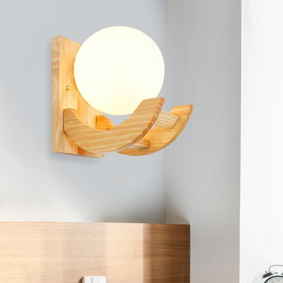 Arced Arm Wall Light Sconce Modernism Wood 1 Head Beige Wall Lamp with Globe White Glass Shade