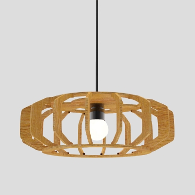 Asia Style 1 Bulb Ceiling Hang Fixture Beige Lantern Frame Pendant Lamp Kit with Wood Shade