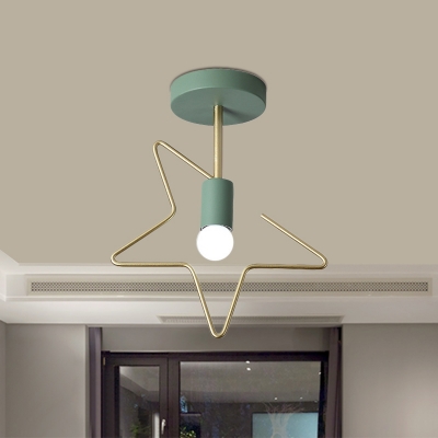 Bare Bulb Semi Flush Light Nordic Metal Single Grey/White/Green Ceiling Mount Lamp with Semi Closed Star/Love Frame