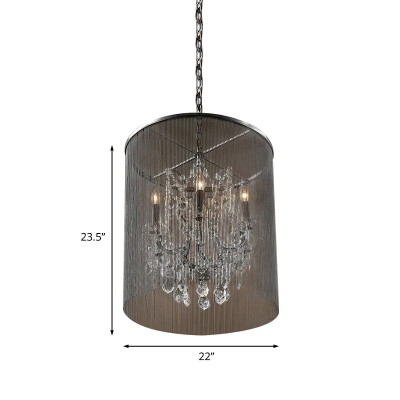Black 6 Heads Hanging Chandelier Industrial Metallic Tassels Ceiling Lamp with Crystal Droplet