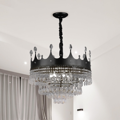 Black Finish Crown Hanging Chandelier Kids 4/5/6 Heads Metal Ceiling Pendant Light with Crystal Drop Decor