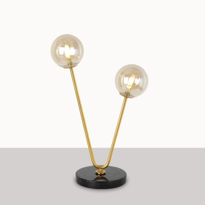 Black-Gold V Arm Table Light Mid Century 2 Heads Metal Nightstand Light with Orb Amber Glass Shade