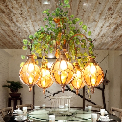 Brass 5/9 Bulbs Pendant Chandelier Industrial Amber Glass Globe Hanging Ceiling Light with Plant Decor