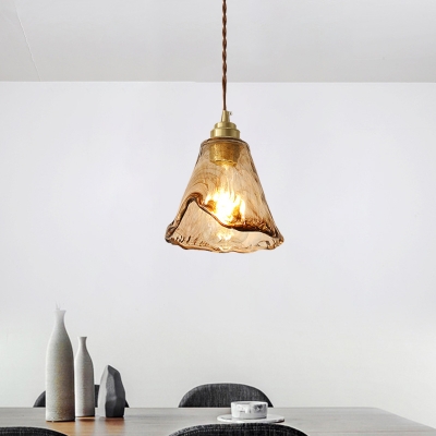 Brass Floral Hanging Ceiling Light Modernism 1-Bulb Amber Rippled Glass Pendant Lamp Kit