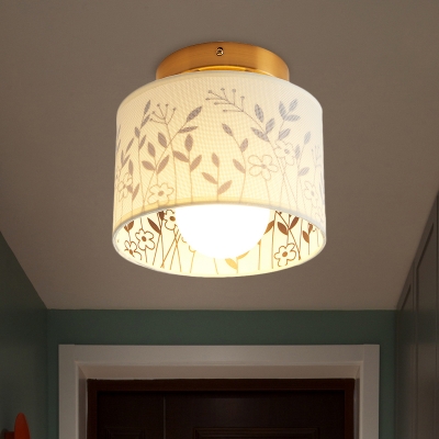 Brass Single Semi Flush Mount Rural Elk/Leaf Printed Fabric Short Cylinder Ceiling Light Fixture