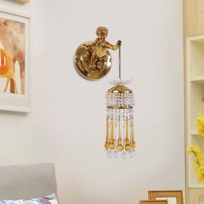 Brass Teardrop Sconce Light Fixture Traditional Crystal 1-Light Living Room Wall Lamp with Boy Backplate