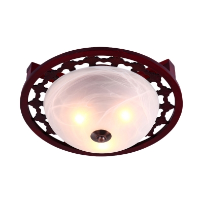 Brown 3-Head Ceiling Mount Light Rural Style Frosted Glass Bowl Shade Semi Flush with Wood Canopy