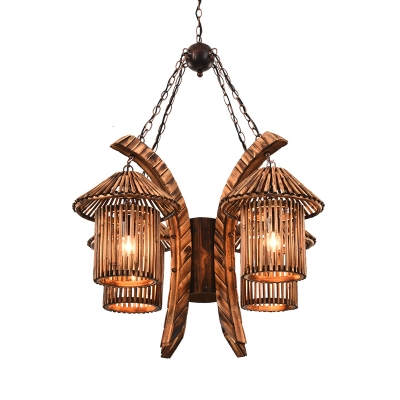 Brown Lantern Ceiling Chandelier Antiqued Style Wood 4-Head Restaurant Hanging Lighting