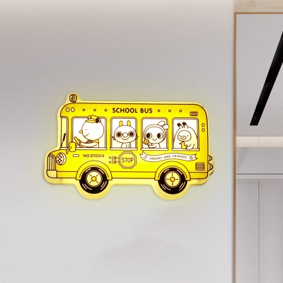 Bus Shaped Flush Wall Sconce Cartoon Plastic LED Yellow Wall Mount Light Fixture with Animals Pattern