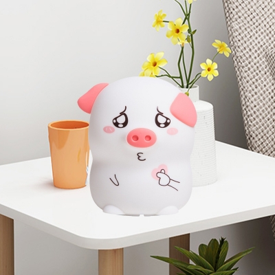 Cartoon Cute Pig Shaped Night Light Silica Gel LED Bedroom Night Lamp in White and Pink