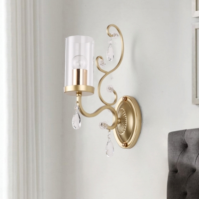 Clear Glass Brass Sconce Cylinder 1/2-Bulb Modern Wall Mount Light with Dangling Crystal