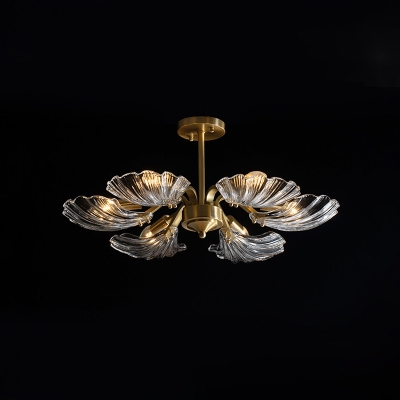 Clear Glass Brass Semi Flush Shell Shape 6 Heads Contemporary Close to Ceiling Lighting
