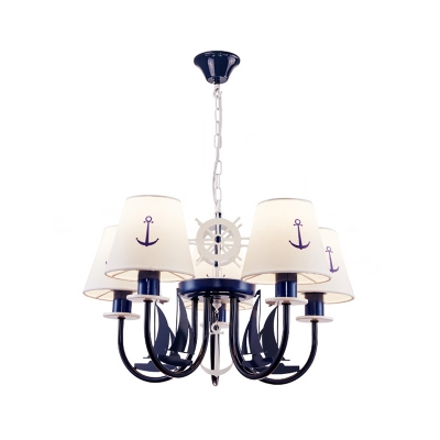 Coastal 5/6 Heads Ceiling Chandelier Blue Swooping Arm Hanging Lamp with Conical Fabric Shade