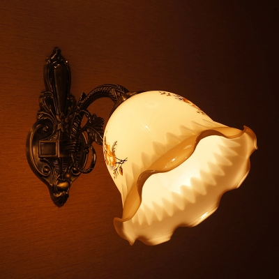 Countryside Floral Sconce Lighting 1-Light Opal Glass Wall Mount with Carved Bronze Backplate