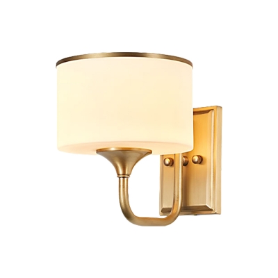 Cream Glass Short Cylinder Wall Light Traditional 1-Light Parlor Sconce in Brass