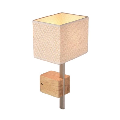 Cuboid Bedside Wall Light Fixture Simple Printed Fabric 1 Bulb Wood Sconce Lighting with Nickel Fixture Stem
