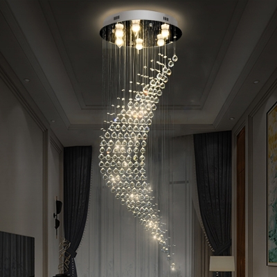 Curved Living Room Flushmount Modernist Clear Crystal Ball 6 Bulbs Chrome Flush Ceiling Light