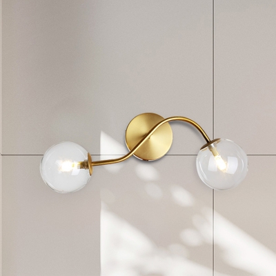 Curving Living Room Sconce Lamp Metallic 2 Heads Postmodern Wall Light in Gold with Orb Clear/Tan Glass Shade