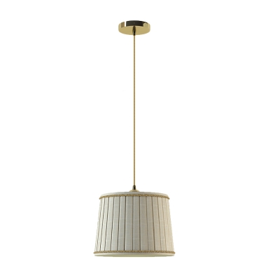 Drum Bedside Drop Pendant Light Farmhouse Fabric 1 Bulb Beige Ceiling Suspension Lamp