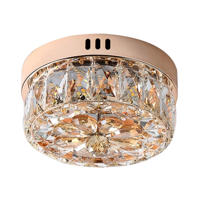 Drum Faceted Crystal Flushmount Simplicity LED Hallway Flush Mount Recessed Lighting in Gold, 8