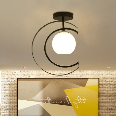 Globe White Glass Semi Flushmount Modern 1-Light Black Flush Ceiling Lamp with Moon Iron Frame