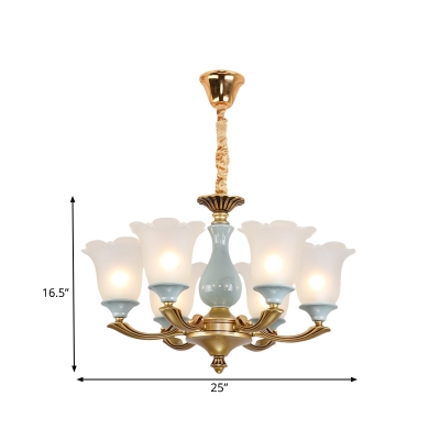 Gold 6 Lights Up Chandelier Light Traditional Frosted Opal Glass Flower Hanging Lamp Kit