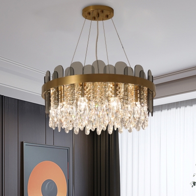 Gold 8/12-Bulb Hanging Chandelier Retro K9 Crystal Drum Pendant Light Fixture over Dining Table