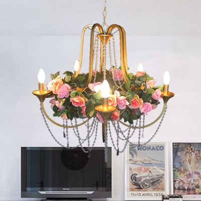 Gold Candle Chandelier Pendant Light Farm Iron 5 Heads Restaurant Flower Hanging Lamp with Crystal Accent
