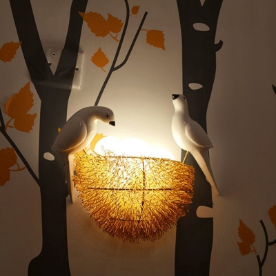 Gold Hand Woven Nest Wall Lamp Artistry 3 Heads Aluminum Sconce Light with Egg Glass Shade and Bird Decor
