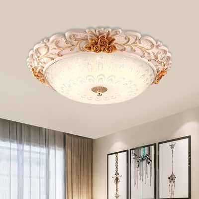 Gold Peony Ceiling Lighting Pastoral Resin LED Bedroom Flush Mount Lamp with Bowl Texture Glass Shade, 12