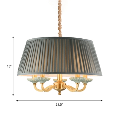 Grey Fabric Drum Hanging Chandelier Traditional 5 Lights Dining Room Ceiling Pendant Lamp in Brass