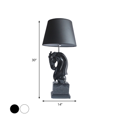Horse Sculpture Resin Night Light Rustic 1 Bulb Bedroom Table Lamp with Conic Shade in Black/White
