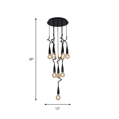 Industrial Bare Bulb Multi Light Pendant 3/10-Head Metallic Hanging Ceiling Lamp in Black