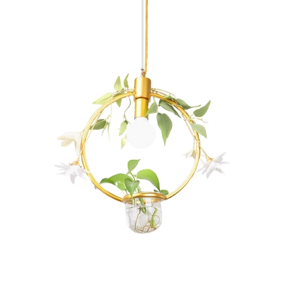 Iron Black/Gold Drop Pendant Round/Square Frame 1 Head Farmhouse Style Hanging Light with Plant Pot and Fake Flower Vine