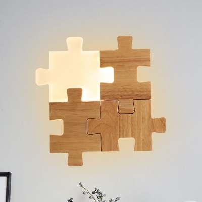 Jigsaw Puzzle Shape Flush Wall Sconce Nordic Wood LED Beige Wall Mounted Light in White/Warm Light