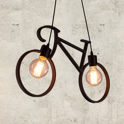 Kids Cool Bicycle Iron Island Lamp 2 Lights Hanging Pendant with Bare Bulb Design in Black/White over Table