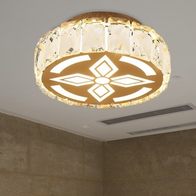 LED Drum Flush Mount Fixture Modernist Chrome Crystal Block Flush Ceiling Lighting