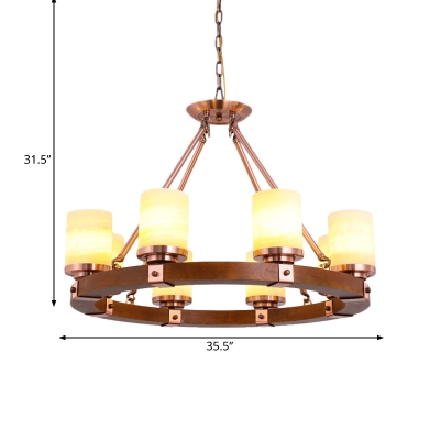 Marble Cylinder Chandelier Light Fixture Traditional 4/6/8 Lights Living Room Hanging Pendant in Brown with Wood Ring Design
