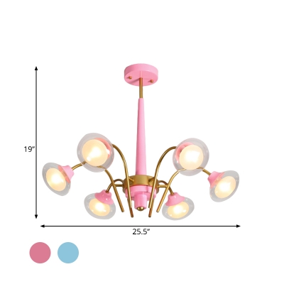Metal Curved Arm Ceiling Chandelier Macaron 6 Heads Pink/Blue and Gold LED Hanging Pendant