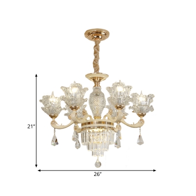 Modernist Blossom Pendant 6 Heads Clear Glass Chandelier Light in Gold with Crystal Draping