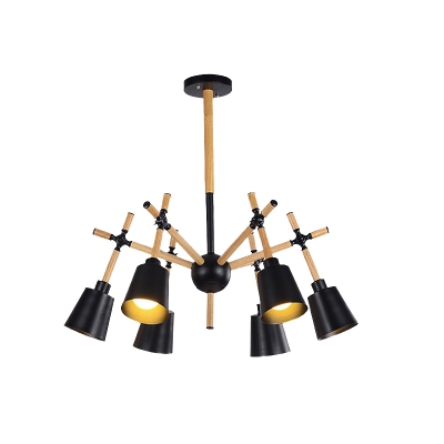 Nordic Spider Design Wood Chandelier 6 Heads Hanging Light in Black/White with Adjustable Horn Shade