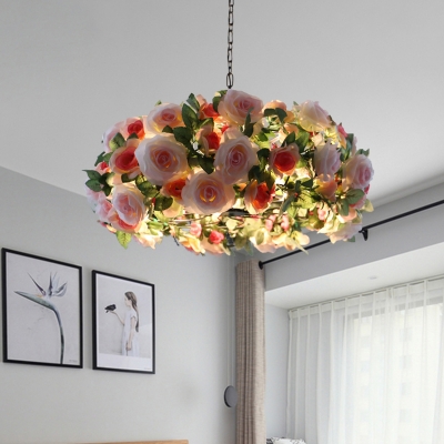 Pink Flower Circle Hanging Chandelier Rustic Metal 5 Bulbs Living Room Ceiling Pendant Light