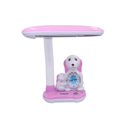 Plastic Rectangle Task Light Contemporary LED Pink/Blue Reading Book Lamp with Dog Deco and Clock