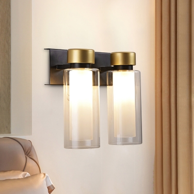 Postmodern 2-Layer Tube Wall Sconce Clear and Frosted Glass 2-Light Parlor Wall Mount Light Fixture in Brass