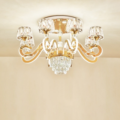 Scroll Arm Crystal Semi Flush Mount Contemporary 6/8-Light Living Room LED Close to Ceiling Lamp in Gold