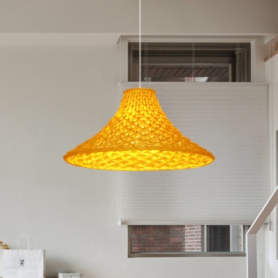 South East Asia Wide Flare Pendant Rattan 1-Light Living Room Ceiling Suspension Lamp in Light Yellow