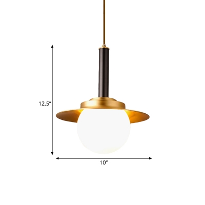 Sphere Down Lighting Pendant Postmodern Ivory Glass Single Dining Table Suspension Light with Brass Flat Cap